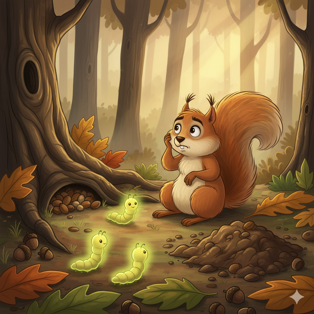 The Forgetful Squirrel. A cartoon image of a wide-eyed, slightly confused orange squirrel, Cyril, sitting on the forest floor, scratching his head. Around him are three small, smiling green glow-worms emitting a soft light. Near a tree trunk, a small burrow is filled with nuts, and a pile of freshly dug earth sits beside Cyril. The scene is set in an autumnal forest with warm light filtering through the trees.