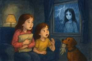 Illustration of The Girl in the Storm. Two sisters and their dog sit in a dimly lit living room during a thunderstorm as a ghostly girl appears outside the window