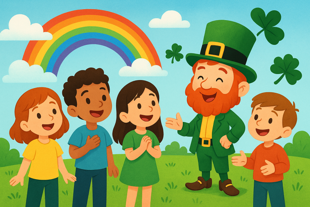 The Leprechaun's True Treasure  - Children in a green field meet a leprechaun wearing a green hat and coat, with rainbows and shamrocks around them.