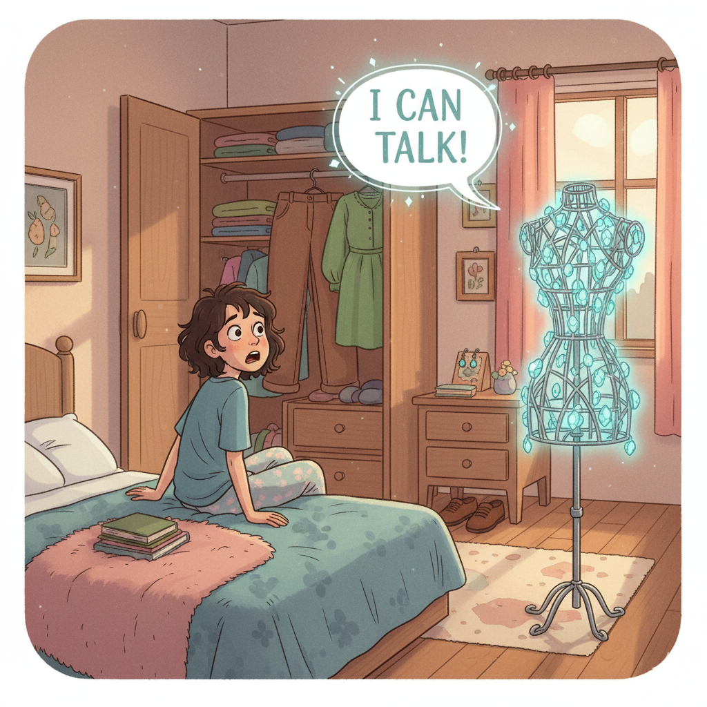The Magical Mannequin - A cartoon illustration shows a girl with short brown hair sitting on a bed looking completely shocked. She is staring at a glowing wire mannequin with blue crystal stones. A speech bubble above the mannequin reads: "I CAN TALK!" The room is a cozy bedroom with an open closet visible behind the girl.