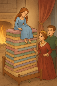 The Princess and the Pea: The Royal Test, illustration of A young princess sitting on top of twenty mattresses, feeling a tiny pea hidden underneath, while a prince and queen watch in amazement.