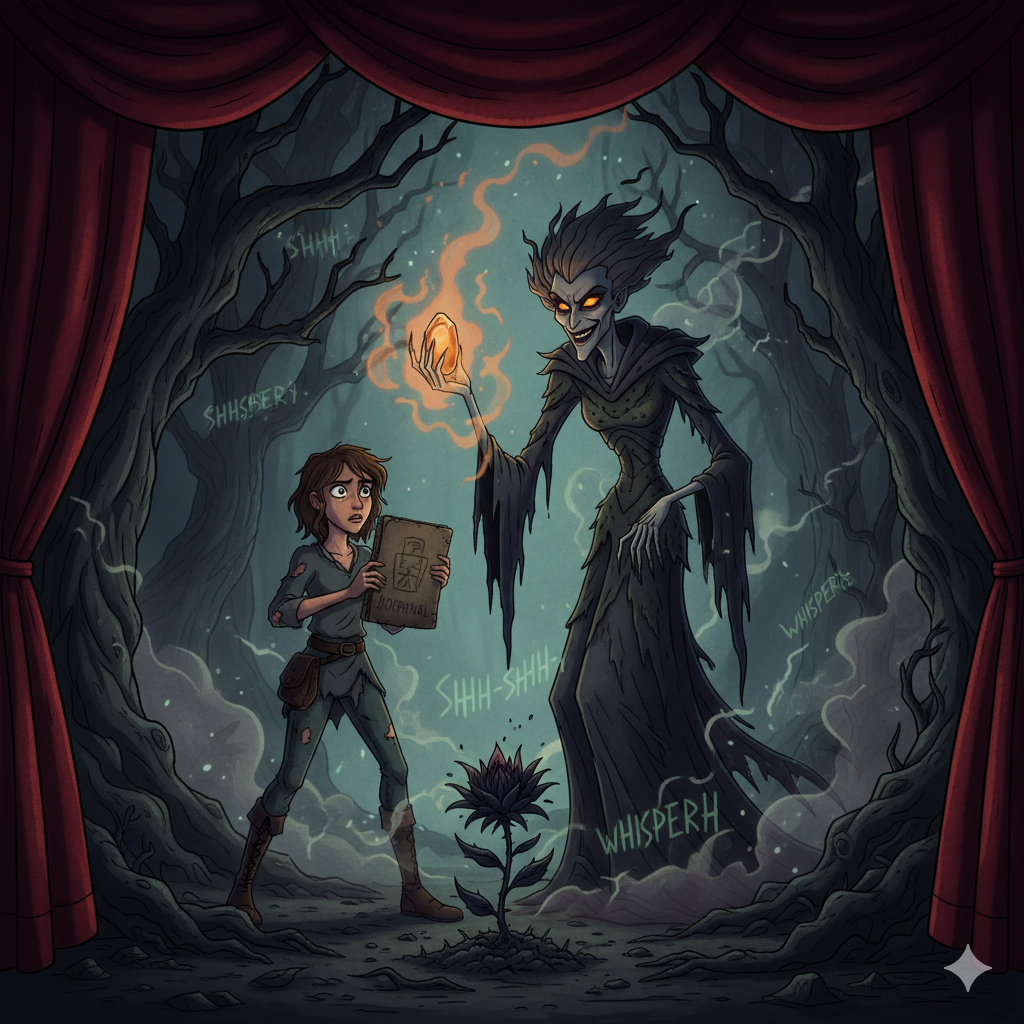 The Shadow's Scion. A dramatic, cartoon-style illustration set on a dark, theatrical stage. A determined teenage girl named Elara, with a torn shirt and holding a tattered journal, confronts a towering, skeletal witch known as Mother Malice. The witch's face is a sharp, menacing grin, and she holds a glowing amber stone in her hand, summoning dark magic. At Elara's feet, a withered, thorny black flower (the Midnight Bloom) anchors the curse. The scene is framed by heavy red stage curtains, emphasizing the theatrical setting.