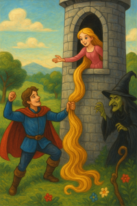 The Tale of Rapunzel: Illustration of Rapunzel letting down her golden hair from the tower window while the prince looks up from below.