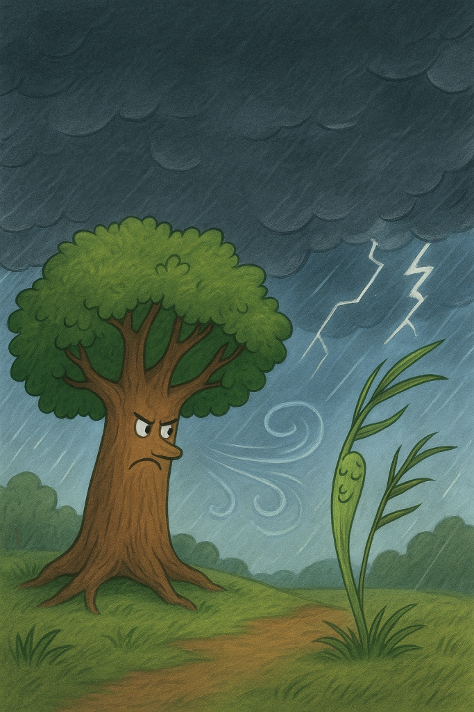 Illustration of the Oak tree and the Reed during a storm, teaching the moral that flexibility is stronger than pride.