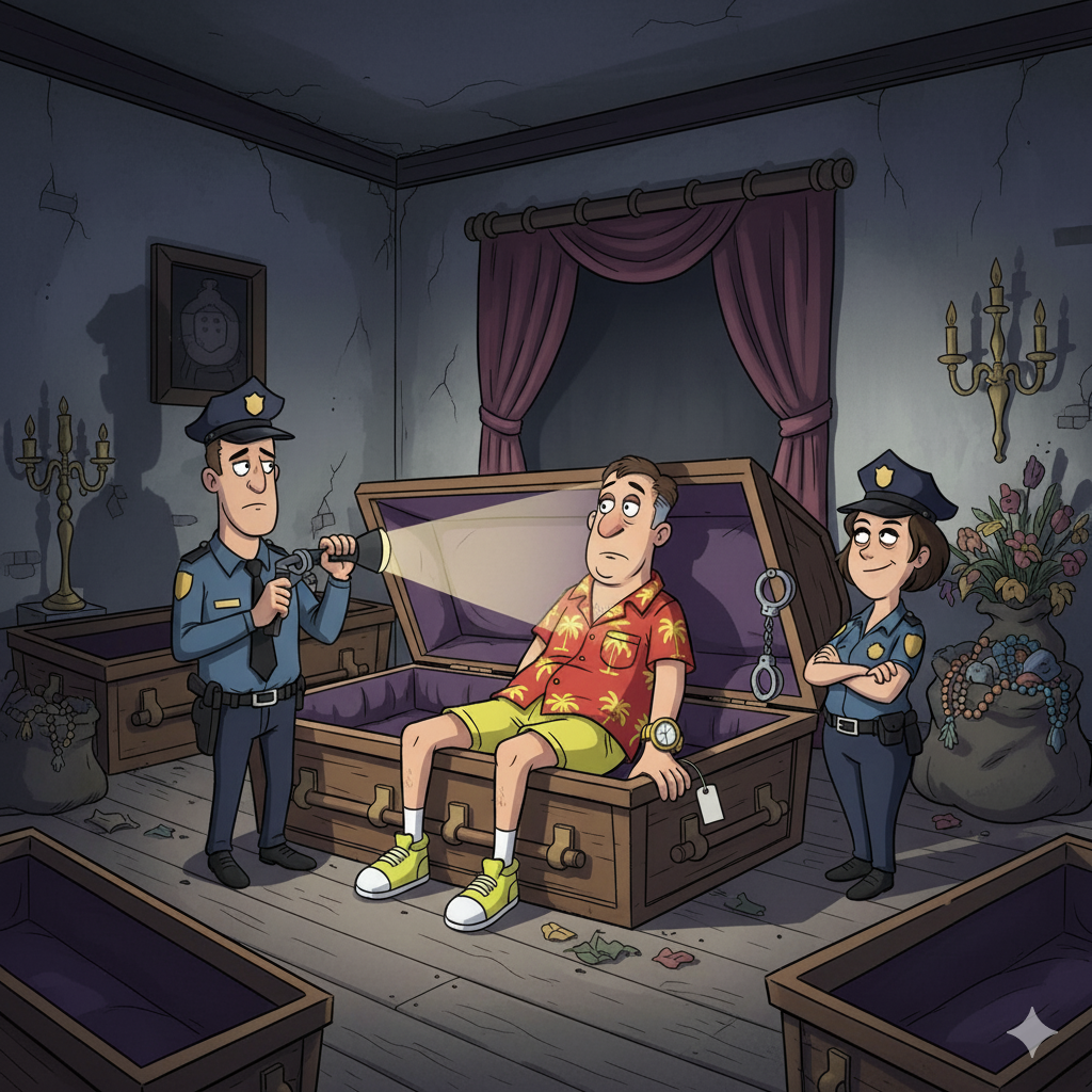 The Thief in the Bright Red Shirt - Cartoon illustration of a brightly lit, ornate funeral home at night. Two police officers stand over an open coffin. Inside the coffin, a thief named Barty sits up, wearing a bright red Hawaiian shirt, yellow shorts, neon sneakers, and a massive gold watch. He looks dejected as one officer shines a flashlight on him and the other holds handcuffs. Bags of stolen jewels sit nearby.