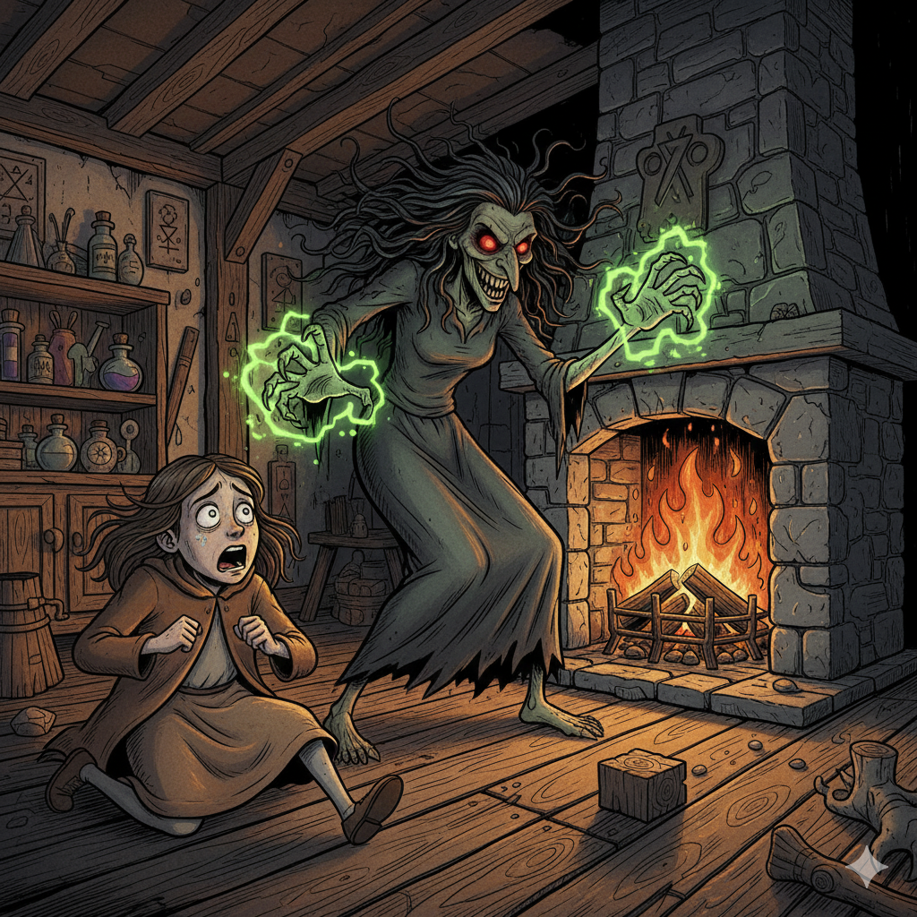 The Witch’s Fire: The Tale of Frau Trude -  Evil witch Frau Trude lunging at a terrified young girl, Claire, besides a roaring stone fireplace in a dark, wooden cabin, cartoon style.