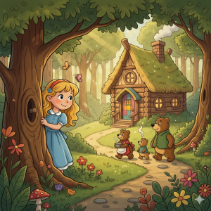 The Adventures of Goldilocks and the Three Bears illustration shows a blonde girl with a blue dress peeking from behind a large tree in a vibrant green forest. In the distance, a cozy log cabin with a mossy roof emits smoke from its chimney. A path leads from Goldilocks towards the cabin, and on the path, Papa Bear, Mama Bear, and Baby Bear are walking away from the house, carrying bowls of steaming porridge. Butterflies flutter around Goldilocks, and wildflowers dot the foreground.