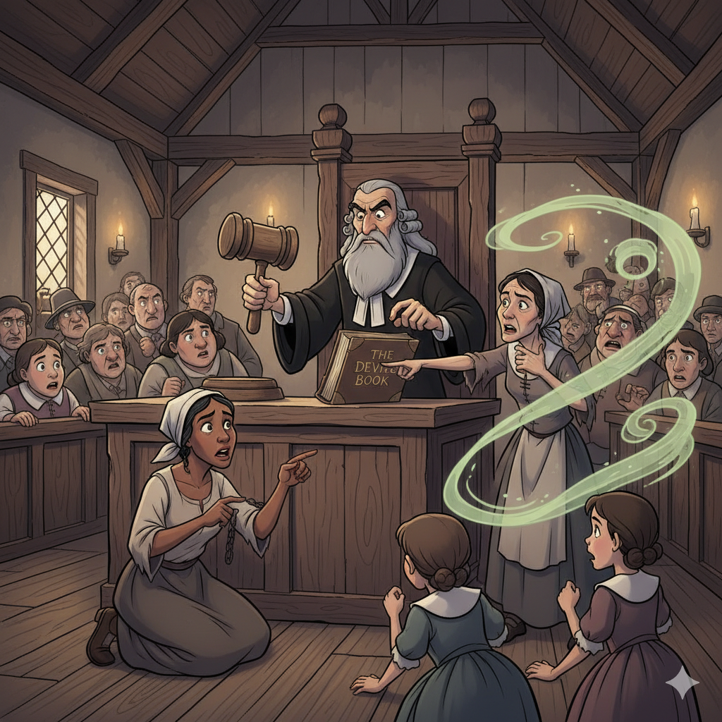 The Salem Hysteria: A Shadow Over Justice - Salem Witch Trials Courtroom Scene, Judge Hathorne wielding a gavel and young accusers pointing at the kneeling accused women, symbolizing spectral evidence and mass hysteria.