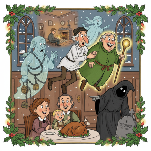 A colorful cartoon illustration of the classic story "A Christmas Carol: Short Play Script for Kids." In the center, an older, light-skinned man with a long nose (Scrooge) is shown in three different interactions. On the left, a transparent, blue ghost with chains (Marley's Ghost) looks shocked. Above and behind Scrooge, a younger version of himself sits alone by a fire, while a friendly, transparent blue ghost (Ghost of Christmas Past) floats nearby. To the right of Scrooge, a jolly, glowing green figure (Ghost of Christmas Present) with a staff guides Scrooge forward. In the bottom part of the image, a family with a small child gathers happily around a Christmas dinner table with a turkey. In the bottom right, a dark, hooded figure (Ghost of Christmas Yet to Come) points to a tombstone with "E. SCROOGE" engraved on it. The entire illustration is framed by green holly with red berries and white lights.
