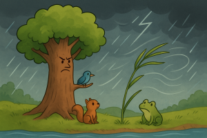 Bend, Don't Break. Illustration of a strong Oak and a bending Reed during a windy storm, with woodland animals watching beside a riverbank.