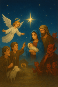 Los Pastores a Belén: Una Pastorela de Luz y Esperanza. Ilustración navideña que muestra a María y José con el Niño Jesús en un pesebre, acompañados por un ángel, pastores, y figuras demoníacas en segundo plano; una estrella luminosa resplandece en el cielo nocturno.