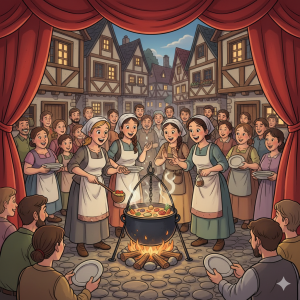 Everybody Can Cook a Stone Soup. Four cheerful female travelers are gathered around a large black cooking pot, stirring soup over a roaring campfire in a village square at dusk. The houses of the village form the backdrop, and a large crowd of smiling villagers, both men and women, surround the fire, enthusiastically holding empty plates and bowls, ready to share the communal meal.