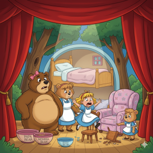 Cartoon illustration of Goldilocks and the Three Bowls of Porridge scene on a theater stage with red curtains. Goldilocks is in the center, looking shocked as she leaps up from Baby Bear's broken small chair. Papa Bear (large) and Momma Bear (medium) stand nearby, looking surprised. In the foreground are three bowls of porridge. In the background, three distinct beds are visible upstairs in the bears' bedroom.