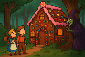 Hansel and Gretel: The Sweet Escape – Hansel and Gretel stand in front of a candy house in the forest while the wicked witch secretly watches them from behind a tree.