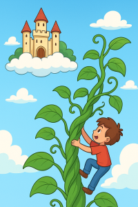 Cartoon-style illustration of Jack climbing the giant beanstalk toward a castle in the clouds from Jack and the Beanstalk: The Magic Climb.