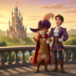 A vibrant cartoon-style illustration showing Puss in Boots and the Marquis of Carabas, standing confidently on a stone balcony. Puss is a ginger cat wearing a large purple-and-gold hat, a red cape, and brown boots. He is gesturing with one paw. Next to him stands the Marquis, a handsome young man dressed in a rich purple and gold velvet suit, holding a sword. They are both smiling. In the background, a large, magnificent fairytale castle with blue roofs and red flags stands on a hill surrounded by green landscape under a warm, sunset sky.
