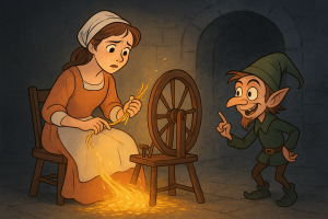 Rumpelstiltskin: The Secret Name. A hand-drawn and digitally colored illustration of Rumpelstiltskin watching a young woman spin straw into gold on a wooden spinning wheel inside a dimly lit stone room.