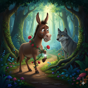 Storybook illustration of The Brave Donkey and the Clever Wolf. A crying donkey with a thorn in its hoof is observed by a cunning wolf lurking among the trees in a vibrant forest.
