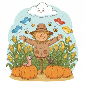 The Friendly Scarecow. A colorful cartoon illustration set in a corn field. A smiling Scarecrow stands center, arms outstretched, surrounded by tall corn stalks and orange pumpkins. On the pumpkins are a pink Worm and a little Ant holding a piece of corn. Above the Scarecrow, friendly blue, red, and yellow Birds fly alongside busy yellow Bees and a happy, small white Cloud with a face.