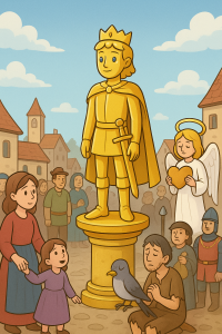 Cartoon-style illustration of The Happy Prince: The Golden Sacrifice statue covered in gold, surrounded by townspeople, a swallow at his feet, and an angel holding a golden heart.