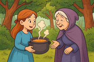 Allison receives a Magic Pot from an old woman in the forest.