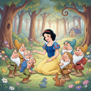 The Magical Tale of Snow White and the Enchanted Forest. vibrant, cartoon-style illustration showing Snow White kneeling in a sunny, flower-filled forest glade. She is wearing her blue and yellow dress and smiling while talking to the Seven Dwarves who surround her. A small blue bunny and a squirrel are sitting on the grass near her hands. In the background, a small wooden cottage is visible among the trees.