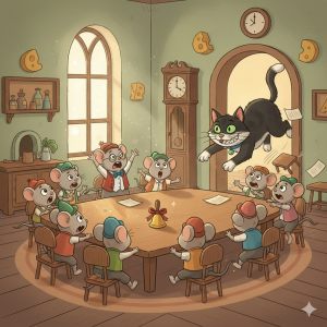 The Mice Meeting and the Cat’s Clever Trap. A cartoon illustration of a group of anthropomorphic mice seated around a wooden table in a cozy, mouse-sized room. On the table sits a small golden bell. Suddenly, a large, grinning black and white cat with bright green eyes and a blue collar with a bell attached is pouncing through an arched doorway on the right. The mice are reacting with comical panic, some throwing their paws in the air, others looking shocked. The room has cheese-shaped holes in the walls and clocks on the walls.