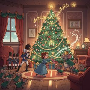 The Nutcracker and the Christmas Dream. A colorful cartoon illustration depicting a scene from The Nutcracker ballet. Marie, a young girl in a blue dress, stands in a festive living room, throwing her pink slipper at the Mouse King, a large mouse in a crown and green cape. The Nutcracker, dressed in a blue uniform, stands ready with toy soldiers behind him, facing an army of smaller mice. A beautifully decorated Christmas tree glows in the center of the room, surrounded by wrapped gifts.