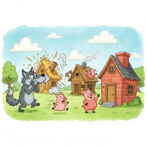 The Three Little Pigs and the Big Bad Wolf’s Lesson. Cartoon drawing of the scene from "The Three Little Pigs." The Big Bad Wolf looks surprised and runs away from the brick house. The straw house is blown apart, and the wooden house is falling down. Piggy 1 is running toward the strong, intact brick house, where Piggy 3 stands at the door waving proudly.