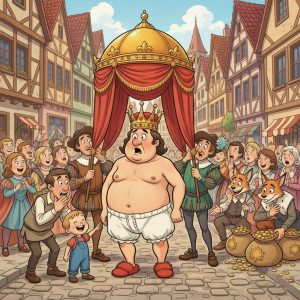 The Emperor’s New Clothes: A Parade of Pretend. A vibrant cartoon illustration depicting the climactic scene from "The Emperor's New Clothes." In the center, a plump Emperor, wearing only a golden crown, red furry slippers, and white ruffled underwear, stands with a look of shock and embarrassment. He is marching under a large, red and gold canopy held by two confused royal attendants in medieval attire. Around him, a crowd of diverse townspeople react with pointing fingers, gasps, and suppressed laughter. In the foreground, a small, cheerful child in blue overalls points directly at the Emperor. To the right, two cunning fox-like weavers sit smugly beside large sacks of gold coins. The background features charming, colorful medieval buildings under a bright blue sky.