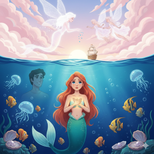 
The Little Mermaid: A Silent Sacrifice.
A detailed, brightly colored cartoon illustration split between the surface of the ocean and the underwater world. Below the surface, the Little Mermaid with long red hair and a green tail looks sad, holding her hands over her heart, surrounded by fish, jellyfish, and open pearl-filled oyster shells. The faint, ghostly image of the Prince's head appears to her left, floating in the water. Above the surface, in a sky filled with pink and orange clouds at sunset, three ethereal, glowing Wind Fairies with wings and translucent tails float, with one reaching down towards the Little Mermaid. A small wooden ship sails on the horizon line between the two worlds.