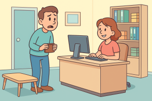 Illustration of a nervous man in a doctor’s office talking to a medical secretary, representing a humorous scene from the play The Problem Under the Table.