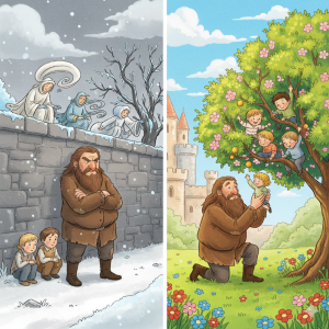 The Selfish Giant: The Boy Who Changed His Heart. A colorful cartoon illustration of the story "The Selfish Giant." The stage is divided into two distinct halves. On the left, a grumpy Giant stands outside a tall grey wall near a bare, snow-covered tree, with a few sad children. On the right, the Giant, now kind and smiling, gently helps a small boy climb into a tree that is overflowing with pink and white blossoms. The right side is a lush, sunny garden full of flowers and happy children.