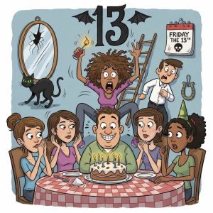 A Very Superstitious Dinner. A vibrant, cartoon-style illustration showing a chaotic birthday dinner on Friday the 13th. Five friends are seated around a checkered table with a birthday cake. The birthday person (Scott) is smiling broadly in the center, seemingly oblivious. Behind him, the superstitious friend (Monique, with wild hair) is suspended mid-air, screaming in panic while desperately trying to light a match, sitting precariously near a broken mirror and an open ladder. A black cat is walking by the broken mirror. The number '13' with bat wings hangs over the scene, and a calendar in the background clearly reads 'Friday the 13th.' A pile of spilled salt is visible on the table.