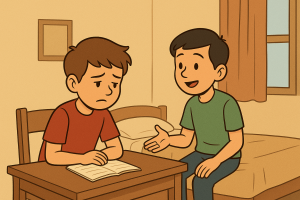Bonds of Friendship. Two boys sit and talk inside a cozy bedroom; one looks worried while the other listens with concern. The warm, simple room highlights their emotional moment of friendship.