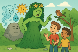 In Mother Nature's Warning, Mother Nature stands in a lush green forest, scolding two surprised boys who dropped trash on the ground. Breezy the wind spirit, Sunny the sun, Raindrop, Rocky the rock, and a small bird watch the scene with concern. The boys hold plastic bottles while Mother Nature points firmly, teaching them to respect the Earth.