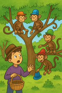The Monkeys and the Hats. Cartoon illustration of four playful monkeys wearing hats in a forest while a surprised boy with an empty basket looks up at them.