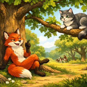 Illustration of a boastful fox resting under a tree while a clever cat watches from a branch above, with hunters and hounds approaching in the forest, inspired by The Clever Cat and the Boastful Fox.
