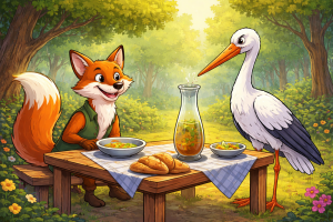 Illustration of a fox and a stork sitting at a table in the forest, sharing a meal with soup served in different dishes, representing The Fox and the Stork: A Lesson in Fairness.