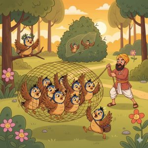 The United Quails. A colorful, kid-friendly cartoon illustration showing a flock of cute quails working together to lift a large rope net off the ground in a sunny forest. A frustrated hunter in traditional Indian clothing watches in surprise as the birds fly upward with the net. In the background, a wise-looking quail with a small leaf crown watches from a branch, and another net is seen safely discarded over a thorn bush.