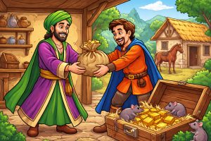 Cartoon-style illustration for The Weight of a Lie: The Rats and the Gold showing a merchant handing a heavy sack of gold to his smiling friend, while rats secretly feast on gold bars inside an open wooden chest in a village setting.
