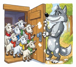 Cartoon illustration of seven small goats peering through a wooden door at the Wolf's messy, flour-covered paws in a scene from the play, "The Wolf and the Seven Little Goats."