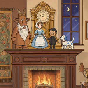 The Brave Little Shepherdess and the Chimney Sweep. A cartoon-style illustration set in a cozy living room. On a wooden fireplace mantelpiece, a group of toy figures stands. In the center, a delicate porcelain doll (the Shepherdess) dressed in blue is holding hands with a small wooden figurine (the Chimney Sweep). To the left, a large, stern-looking wooden Goat (Grandfather Goat) watches them. To the right, a white porcelain Dog with blue spots (China Dog) wags its tail. Behind the figures, there is a golden grandfather clock, and a window on the right shows the starry night sky. Below, the fireplace is lit with a warm fire.