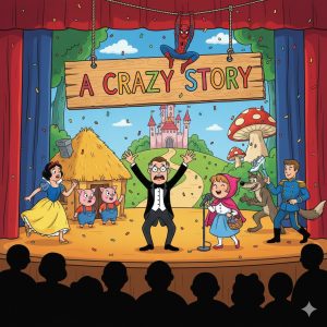 A colorful stage scene from the children’s play A Crazy Story, showing a confused narrator surrounded by fairy-tale characters like Little Red Riding Hood, Snow White, the Three Little Pigs, a friendly wolf, a prince, and a superhero during a chaotic performance.