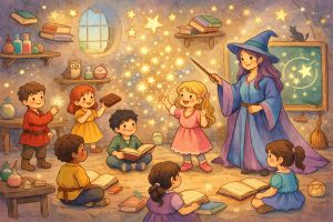 Illustration from A Magical Day in Wonderville showing a magical classroom where children learn spells surrounded by floating books and glowing stars.