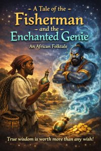 A Tale of the Fisherman and the Enchanted Genie illustrated scene showing a poor fisherman holding a magical bottle by a river as a powerful blue genie emerges, symbolizing wisdom, freedom, and clever choices in this African folktale.