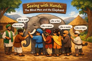 Illustration of Seeing with Hands: The Blind Men and the Elephant, showing six blind men touching different parts of an elephant in a village as they discover the meaning of perspective.