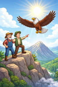 The Eagle Who Thought He Was a Chicken cartoon-style illustration depicts an eagle spreading its wings and flying from a mountain peak as a farmer and his friend watch in awe, symbolizing the discovery of true potential.