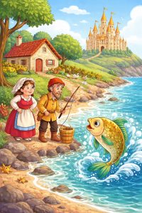 The Fisherman and His Wife illustrated in a colorful cartoon style, showing the fisherman and his wife standing by the sea as a magical golden fish rises from the water, with a small cottage and a grand castle in the background.