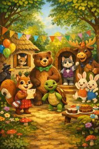 Illustration of forest animals celebrating together in The Misadventures of the Belated Party, featuring a squirrel, bear, turtle, rabbits, cat, and other friends gathered outside a woodland house.